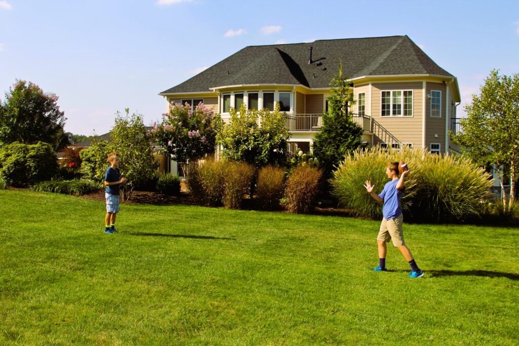 Children playing ball on the lawn